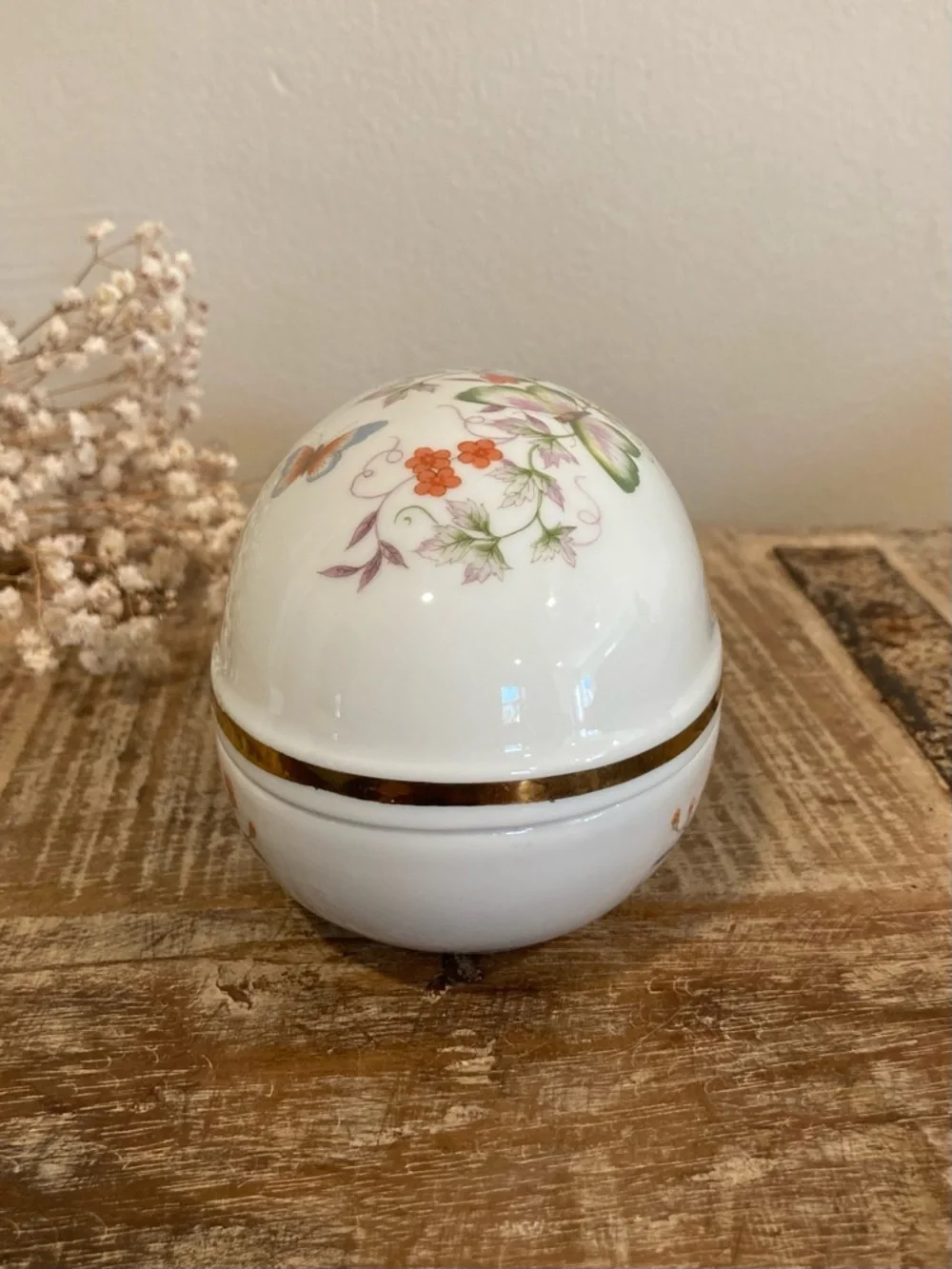 1970s Avon Butterfly Floral Porcelain Egg Shaped Trinket Box with 22K Gold Trim